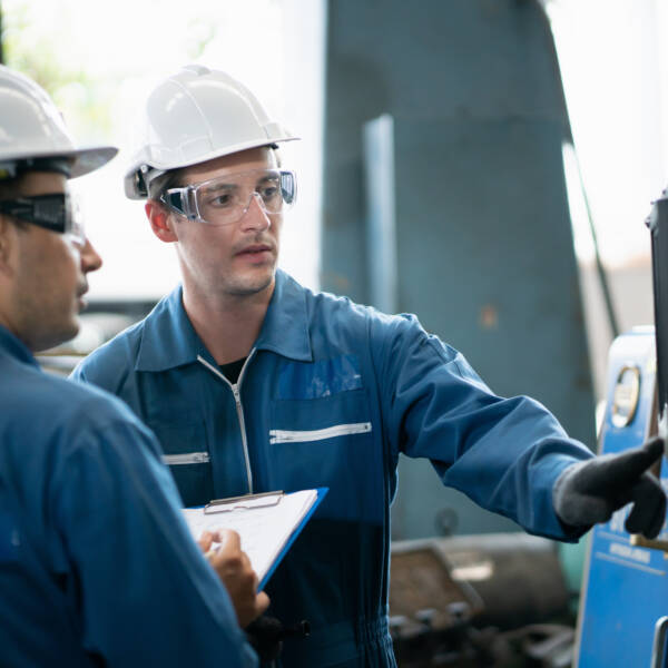 Two engineers wearing helmets and protective eyewear at work