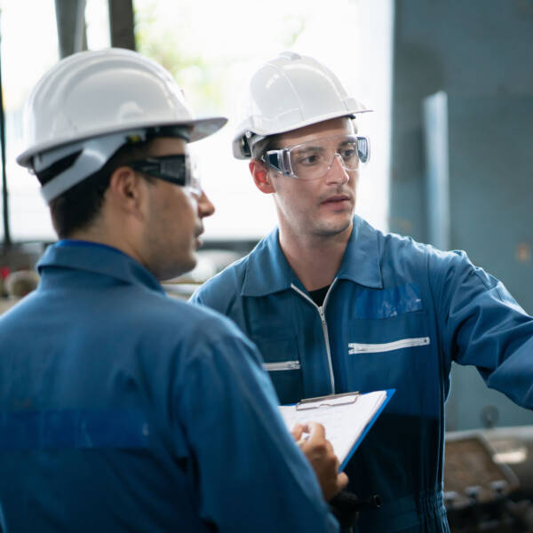 Two engineers wearing helmets and protective eyewear at work